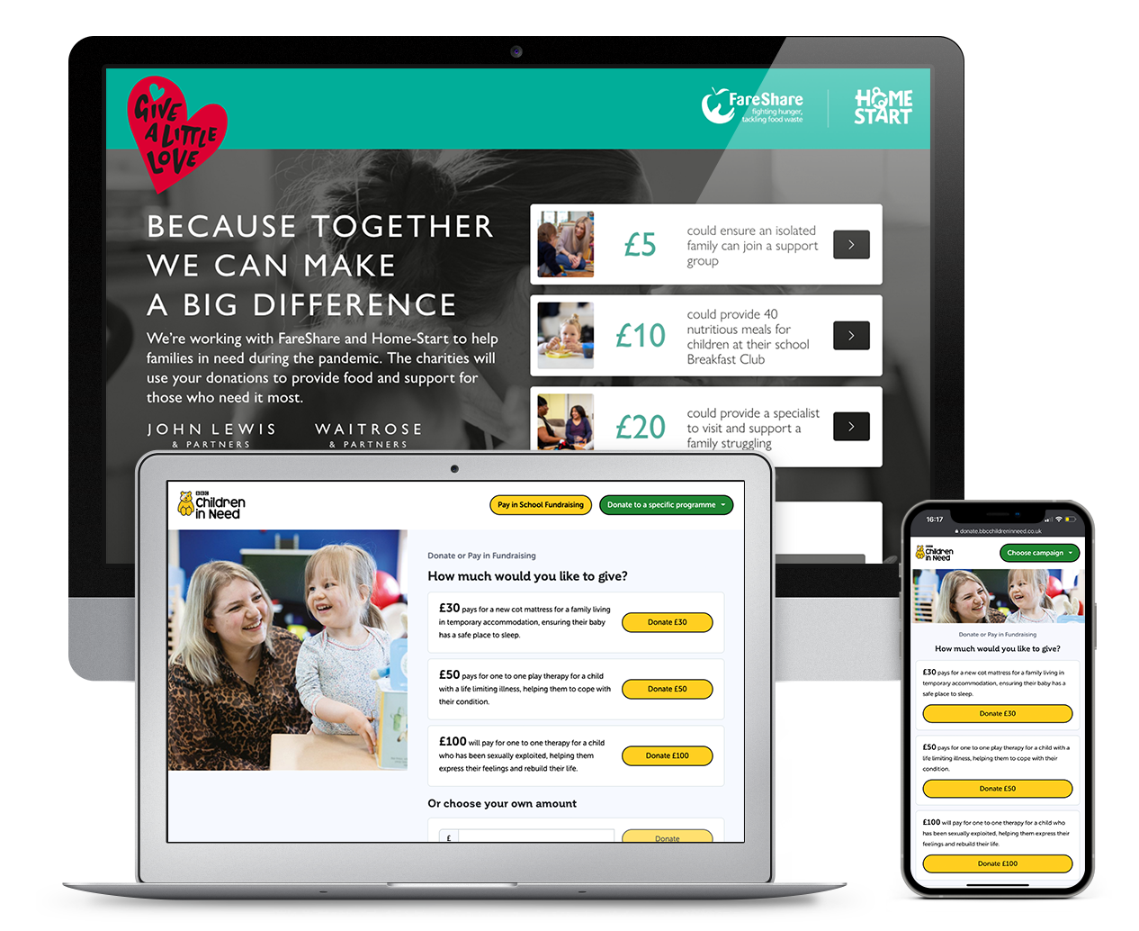 Examples of Giving Pages from different charities